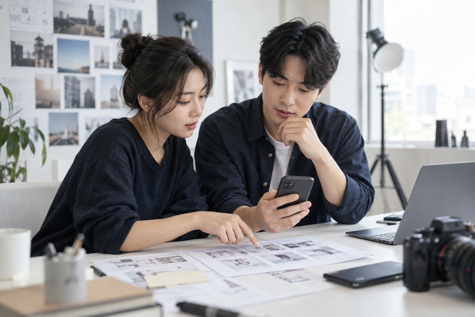 휴대폰과 기획안을 보며 SNS 콘텐츠를 논의하는 모습